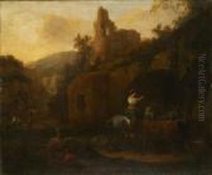 Berchem Resting Travellers In A Rocky Landscape