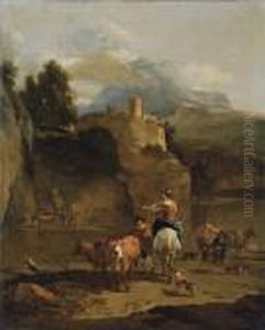 An Italianate River Landscape With Drovers And Their Cattle In The Foreground by Nicolaes Berchem