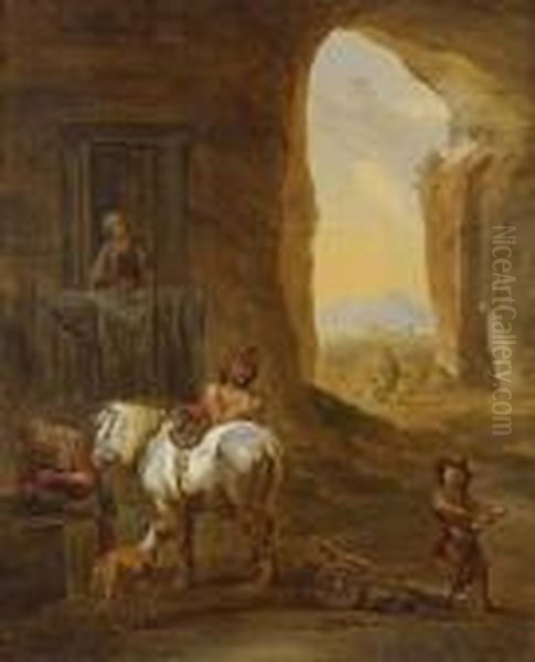 Peasants And A Horse At A Well, A View To An Italianate Landscape Beyond - view 1