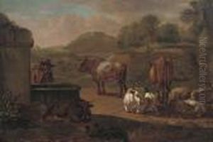 A Traveller With Cattle And Sheep At A Watering Hole by Nicolaes Berchem