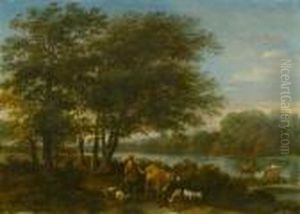 Wooden Landscape With Herdsman And His Cattle.