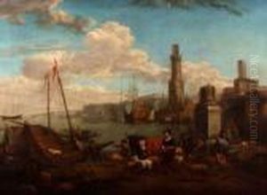 A Busy Dutch Harbour Scene With Figures by Nicolaes Berchem
