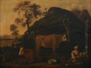 Farmyard With Milkmaid, Cattle And Goats by Nicolaes Berchem