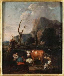 Pastoralt Landkspa Med Herdefamilj Med Boskap by Nicolaes Berchem