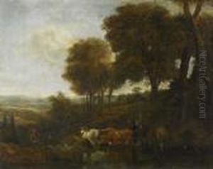 A Wooded Landscape With Drover And Cattle By A Ford by Nicolaes Berchem