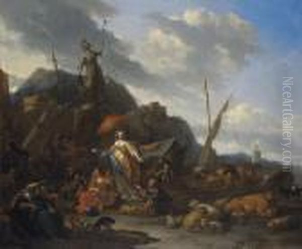 Sailors Loading Their Boats At A
 Dockside Market, With Orientalmerchants, An Elegantly-dressed Lady And A
 Statue Of Minerva, Anextensive Coastal Landscape Beyond - view 1