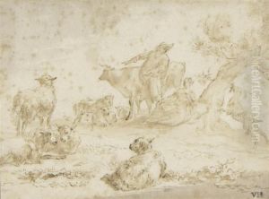 A Peasant Couple By A Tree With Cattle And Sheep by Nicolaes Berchem