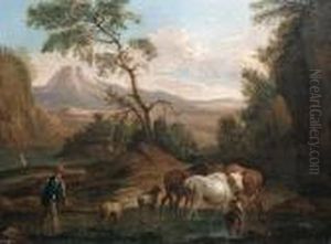An Italianate Wooded Landscape 
With Herdsmen,cattle And Sheep Crossing A River In The Foreground