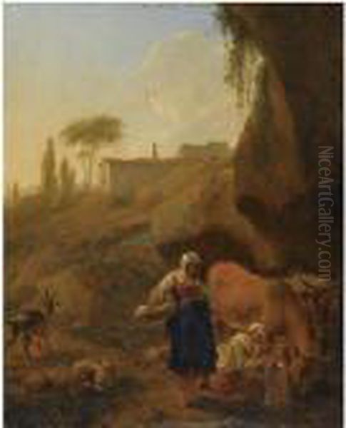 A Rocky Southern Landcape With 
Two Peasant Women With Their Flockand Cattle Halting Near A Stream - view 1