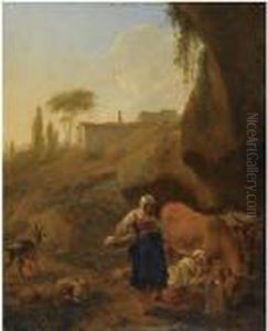 A Rocky Southern Landcape With 
Two Peasant Women With Their Flockand Cattle Halting Near A Stream by Nicolaes Berchem