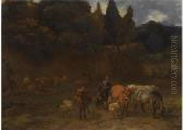 An Italianate Wooded Landscape With Shepherds Herding Their Sheepand Cattle - view 1