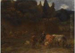 An Italianate Wooded Landscape With Shepherds Herding Their Sheepand Cattle by Nicolaes Berchem