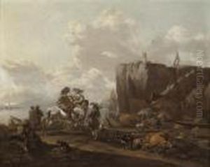 A Coastal Landscape With 
Merchants On Horseback, A Drover Loadingcattle Onto A Boat, And A Town 
Beyond