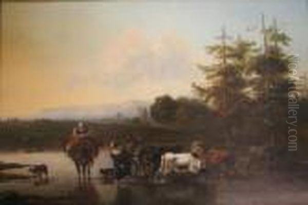 Peasants With Cattle At A Country Pool Bears Signature Verso - view 1