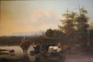 Peasants With Cattle At A Country Pool Bears Signature Verso by Nicolaes Berchem
