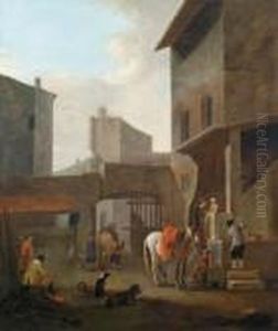 Cavaliere In Sosta Presso Una Fontana In Un Cortile