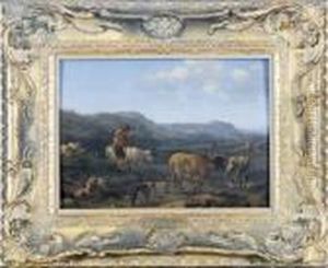 Shepherd Playing The Flute While Tending To The Cattle by Nicolaes Berchem