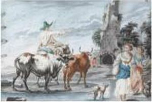 A Southern River Landscape With A
Shepherd And His Cattle Andpeasants Crossing A Stream, A Ruin In The
Background by Nicolaes Berchem