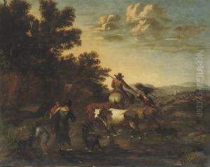 A Shepherd Family With Their Cattle Fording A Stream In Anitalianate Landscape by Nicolaes Berchem