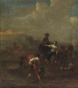 Herdsmen And Their Cattle In An Italianate River Landscape by Nicolaes Berchem