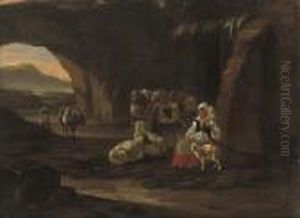 A Rocky Wooded Landscape With A Drover And Shepherdess At Rest Withtheir Flock by Nicolaes Berchem