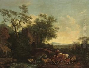 An Italianate Wooded River Landscape With A Drover And His Cattleby A Bridge