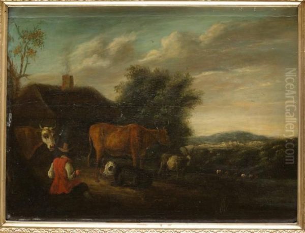 Pastoralt Landskap Med Herde Och Boskap - view 1