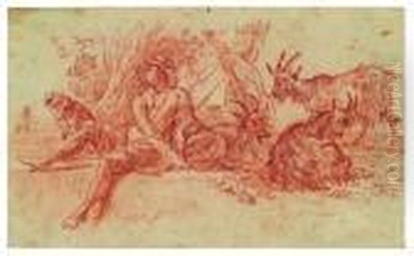 Sitzender Hirte Mit Hund Und Drei Ziegen - view 1