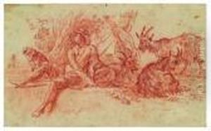 Sitzender Hirte Mit Hund Und Drei Ziegen by Nicolaes Berchem