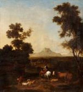 Italienskt Landskap Med Figurer Och Boskap