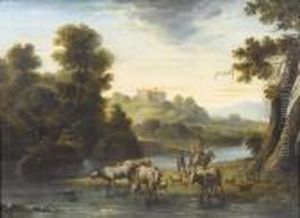 Italienische Flusslandschaft Mit Hirten. by Nicolaes Berchem