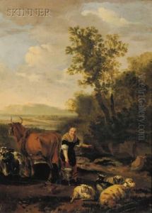 Woman Carrying A Milk Bucket With Livestock In Alandscape