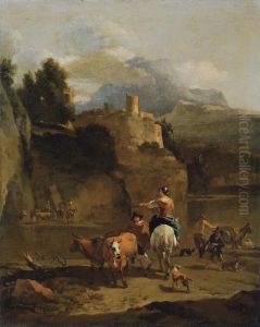 A Mountainous River Landscape With A Herd Of Cattle In The Foreground, A Tower Beyond by Nicolaes Berchem