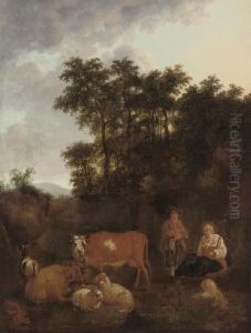 A Wooded Landscape With A Shepherd And Shepherdess With Their Flock And Cattle by Nicolaes Berchem