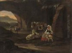 A Drover And Shepherdess With Their Flock At Rest In A Rocky Landscape