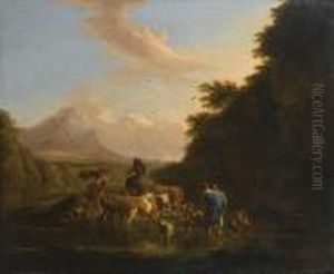 A Mountainous Landscape With A Drover And His Cattle Fording A Stream by Nicolaes Berchem