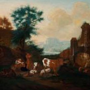Herdsmen With Their Cattle In A River Landscape by Nicolaes Berchem