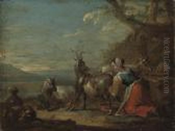 A Goatherd Milking In A River Landscape - view 1