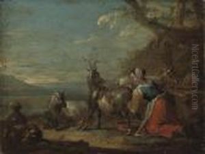 A Goatherd Milking In A River Landscape by Nicolaes Berchem