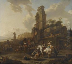 An Italianate Landscape With A Hawking Party Resting By A Fountain