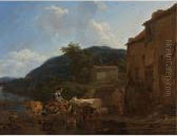 A River Landscape With Cattle, Peasants And Their Horses At A Watering-place - view 1