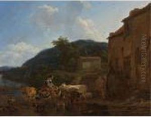 A River Landscape With Cattle, Peasants And Their Horses At A Watering-place by Nicolaes Berchem