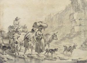 Peasants And Animals Fording A Stream, Below Town Walls by Nicolaes Berchem