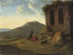 An Italianate Landscape With A 
Goatherd Conversing With A Peasant Woman Near Ancient Ruins by Nicolaes Berchem