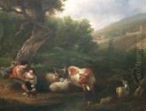 A Young Couple Seated By A Stream With Watering Cattle by Nicolaes Berchem