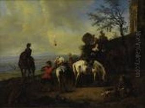 Italianate Landscape With Figures Preparing For A Hunt by Nicolaes Berchem