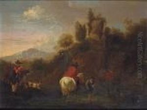 A Wooded Mountainous Landscape
With Cattle, Sheep And Goats In The Foreground, Classical Ruins Beyond by Nicolaes Berchem