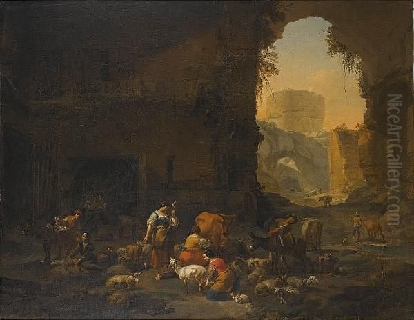 Milkmaids And Shepherds With
Their Flock At The Mouth Of A Grotto, A Drover Watering His Cattle
Beyond - view 1