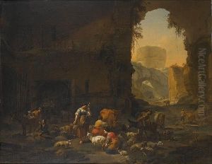 Milkmaids And Shepherds With 
Their Flock At The Mouth Of A Grotto, A Drover Watering His Cattle 
Beyond