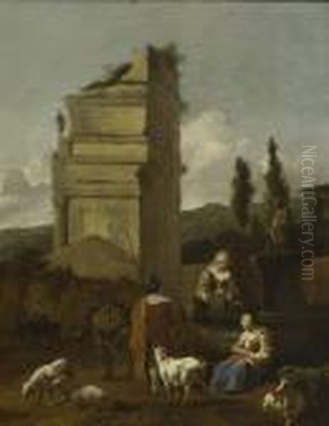 Hirten Mit Schafen Und Ziegen Am Brunnen - view 1